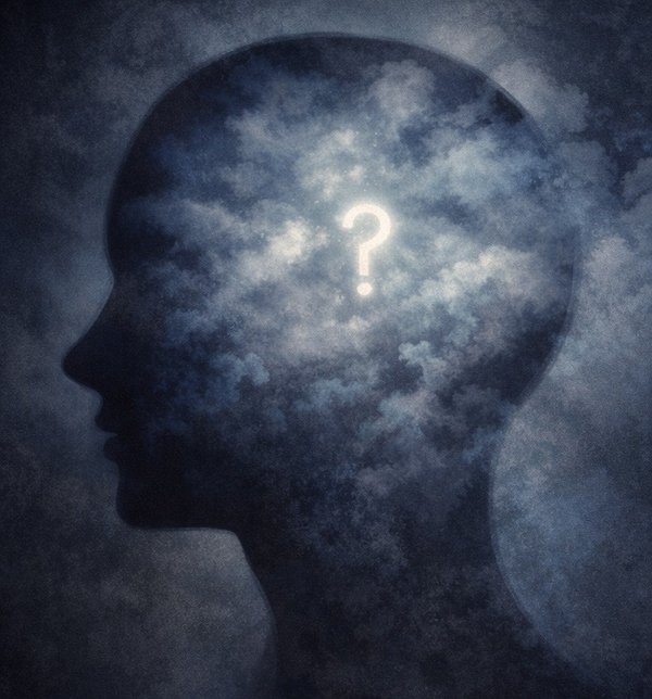 不思議な話が心に残る理由を表現した、思考と疑問をイメージしたビジュアル